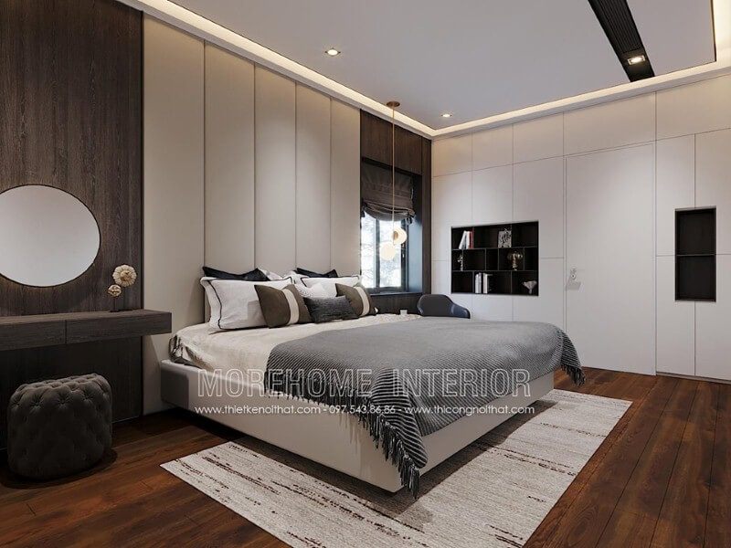 Phòng ngủ đẹp với nội thất gỗ óc chó từ sàn, tấm ốp tường.