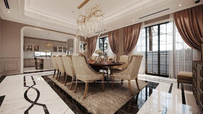 Bố trí nội thất phòng ăn liền bếp phong cách đương đại đẹp, sang trọng.