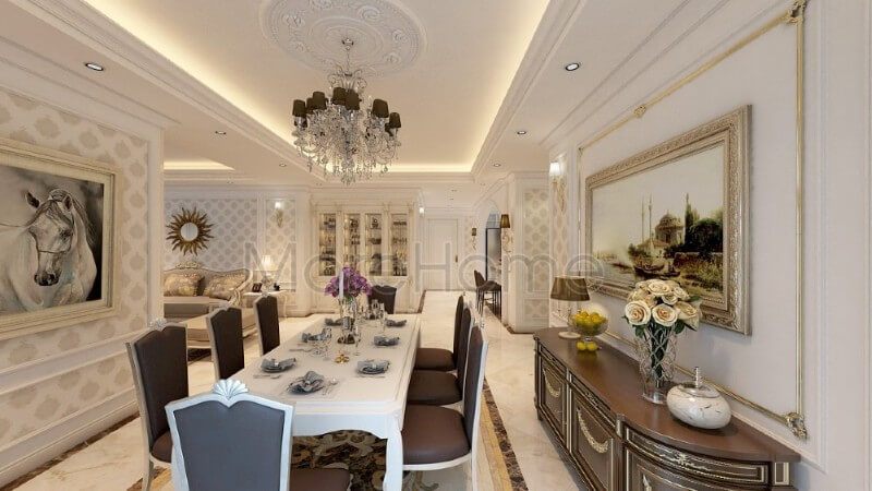 . Sự kết hợp giữa tone màu nâu trầm và trang trí nội thất cho phòng ăn đã tạo nên một vẻ đẹp ấm áp và gần gũi cho không gian dùng bữa của gia chủ.